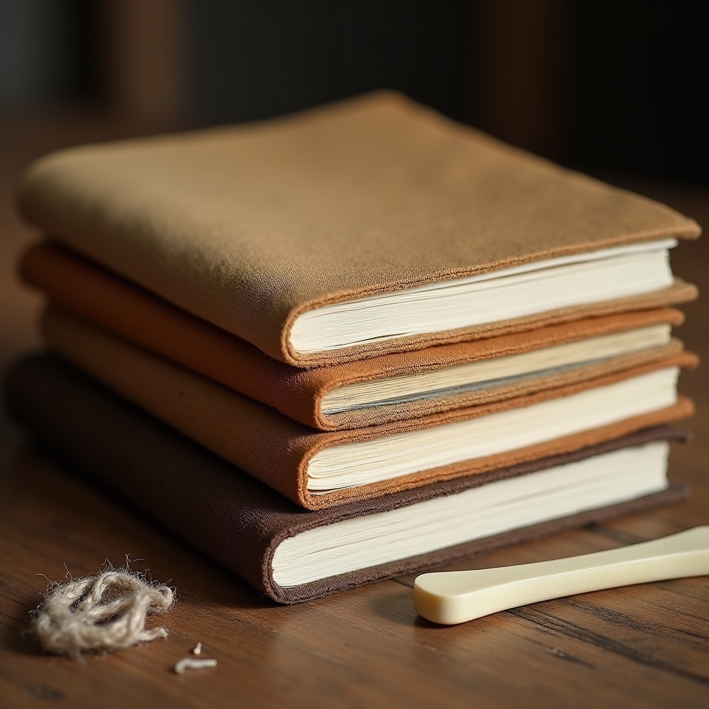 Stapel fertiger, handgebundener Notizbücher