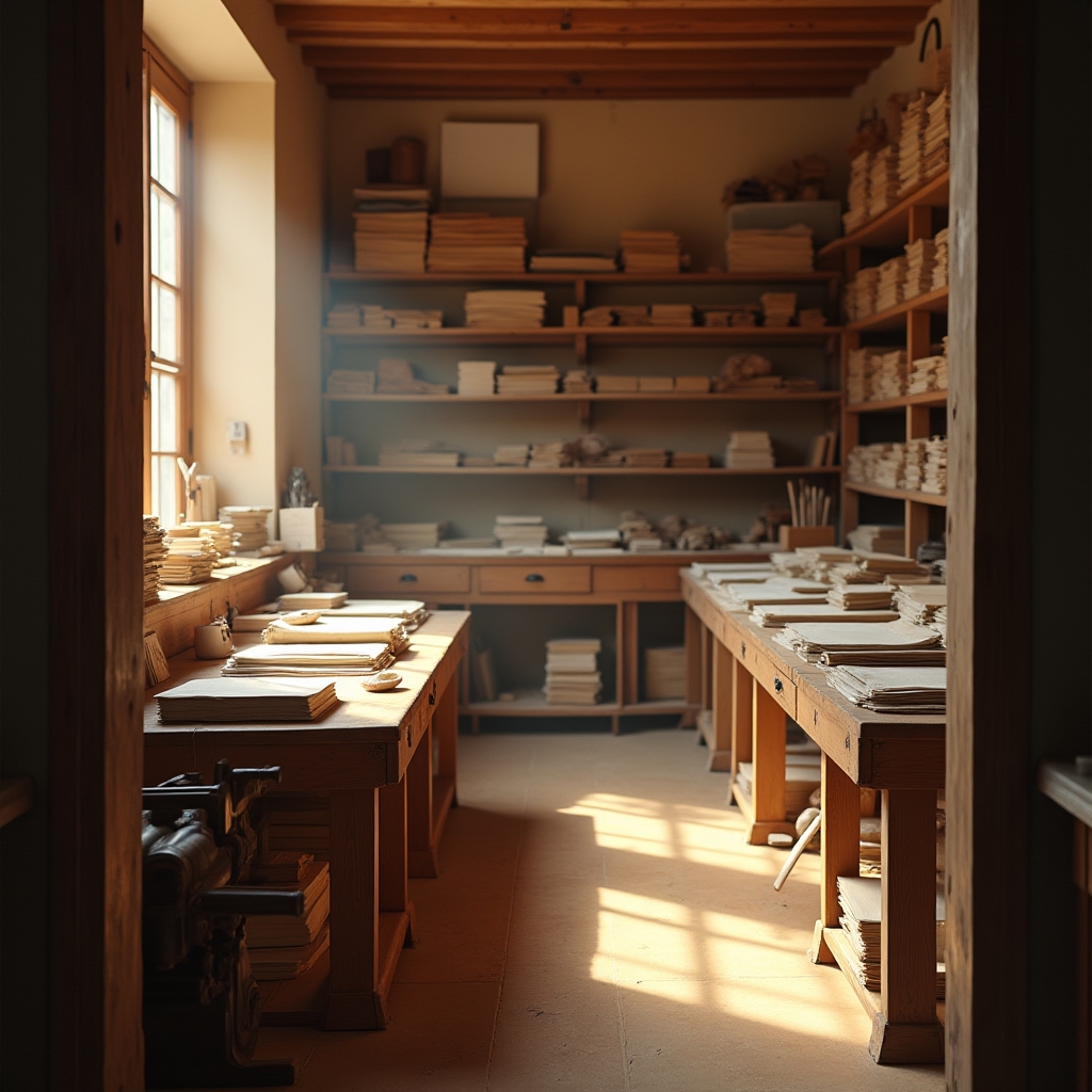 Blick in die Buchbinde-Werkstatt mit Arbeitsplätzen und Materialien